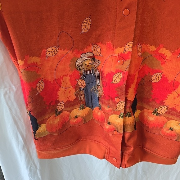 VTG BLAIR Women's Scarecrow And Pumpkins Snap Up Sweatshirt Jacket size L Orange - Picture 3 of 13